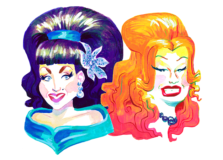 A painting on a white background featuring BenDeLaCreme wearing dark hair and a blue dress, and Jinkx Monsoon wearing long red hair and a purple necklace.