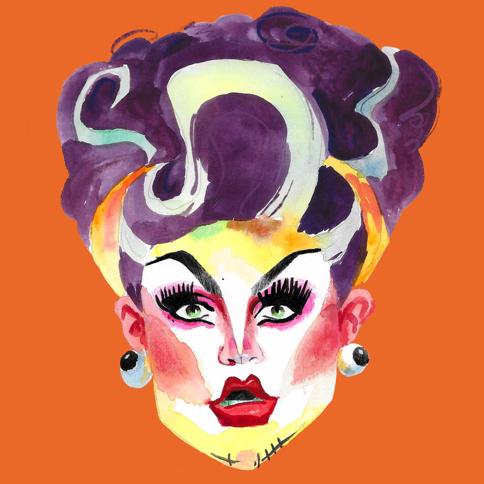 Painting of a head on an orange background depicting Scottish drag queen Lawrence Chaney. She wears eyeball earrings and a purple wig with white streaks in it, her expression looks surprised.