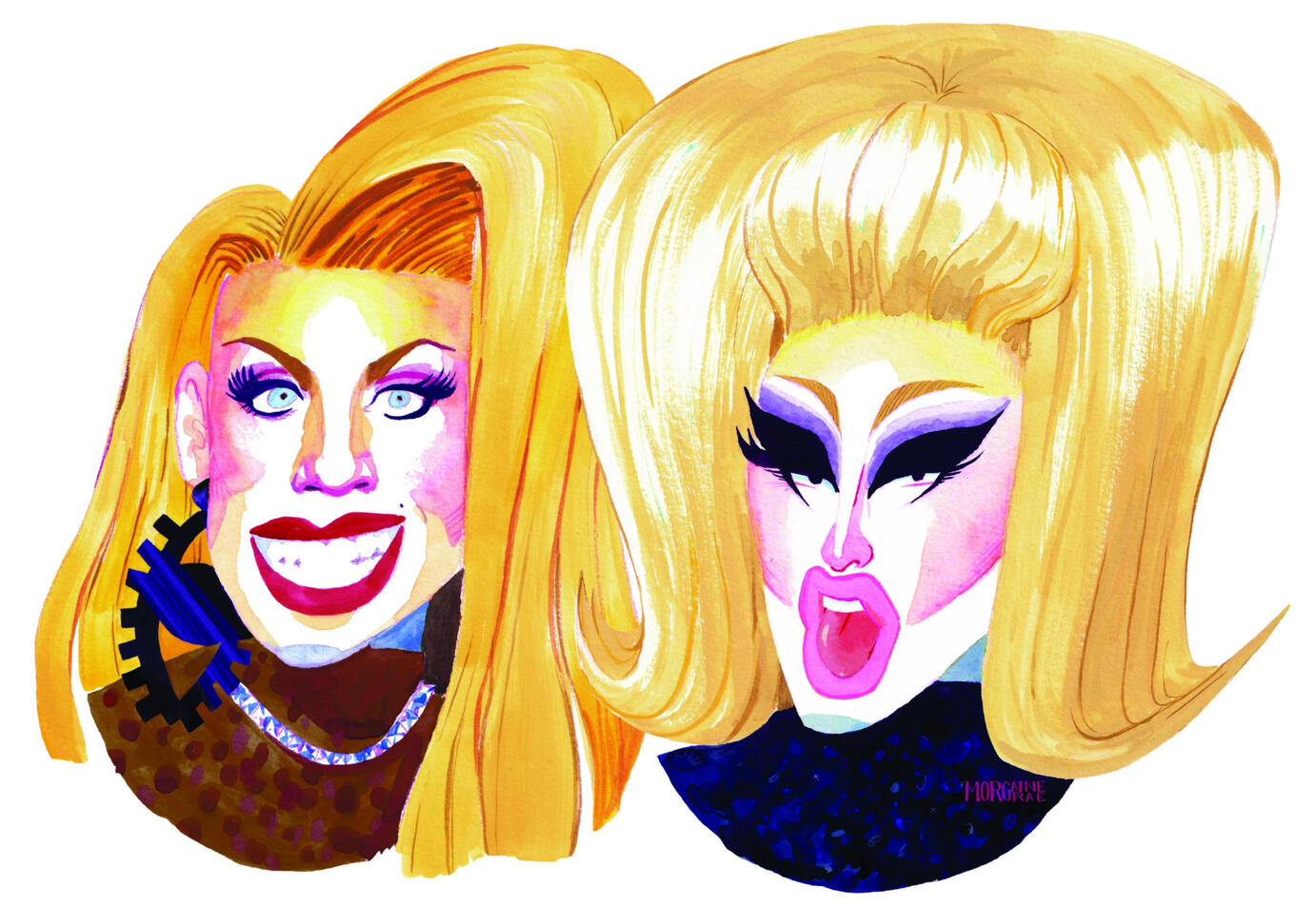 two blonde drag queens depicted in caricature, the left one is smiling and the other is sticking her tongue out