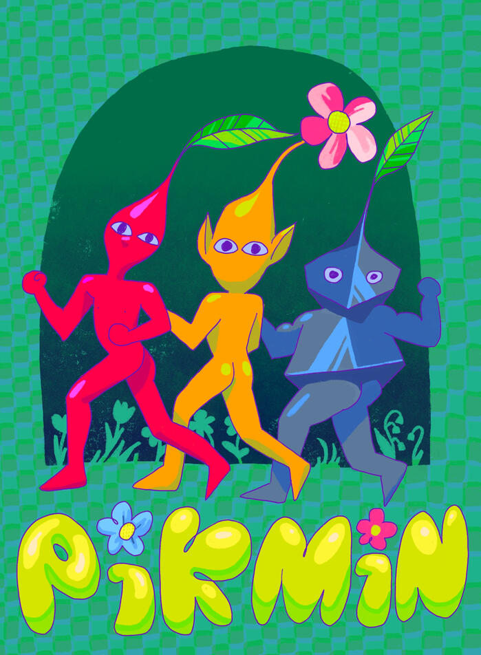 Three pikmin run towards the left - (from left) a red pikmin, a yellow, and a blue. They all have little buttcheeks exposed, running across a field with flowers. There is bubbly lettering at the bottom reading "Pikmin".