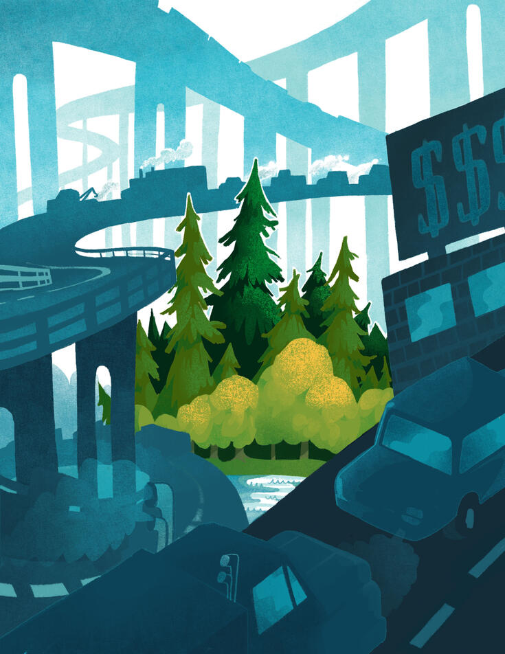 An illustration done for the Government of Canada's State of Youth Report 2021. In greens, there is a park depicted with deciduous and coniferous trees, surrounded by blue highways and flyovers filled with vehicles belching pollution.