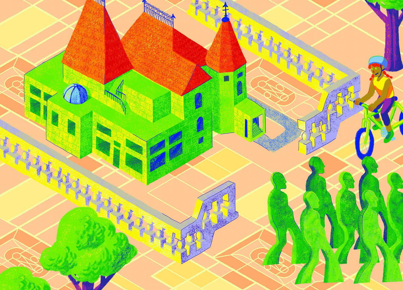 Image depicts a sculpture of several people walking, a building surrounded by a fence and a person riding a bicycle.