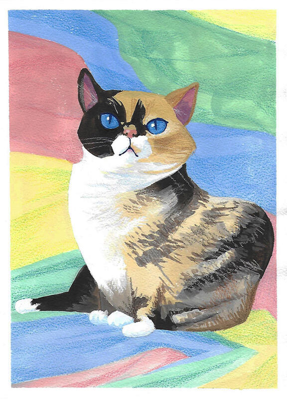A painting of a mixed cat - she has blue eyes and half her face is dark and the other a toasted marshmallow colour. She is seated with a hind leg sticking out - her hindquarters are mixed dark and grey and toasty brown. She sits on a rainbow blanket.