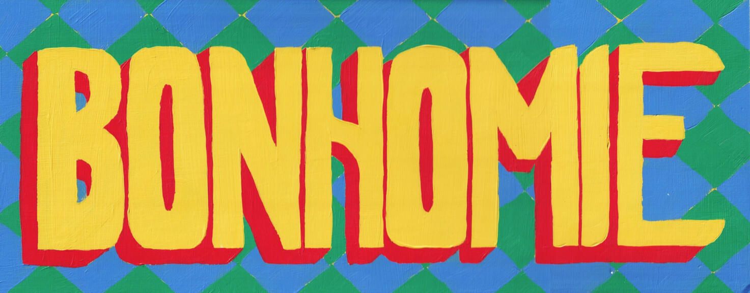 Large yellow type in caps reads "BONHOMIE" with a red drop shadow. The background is a green and blue diamond pattern.