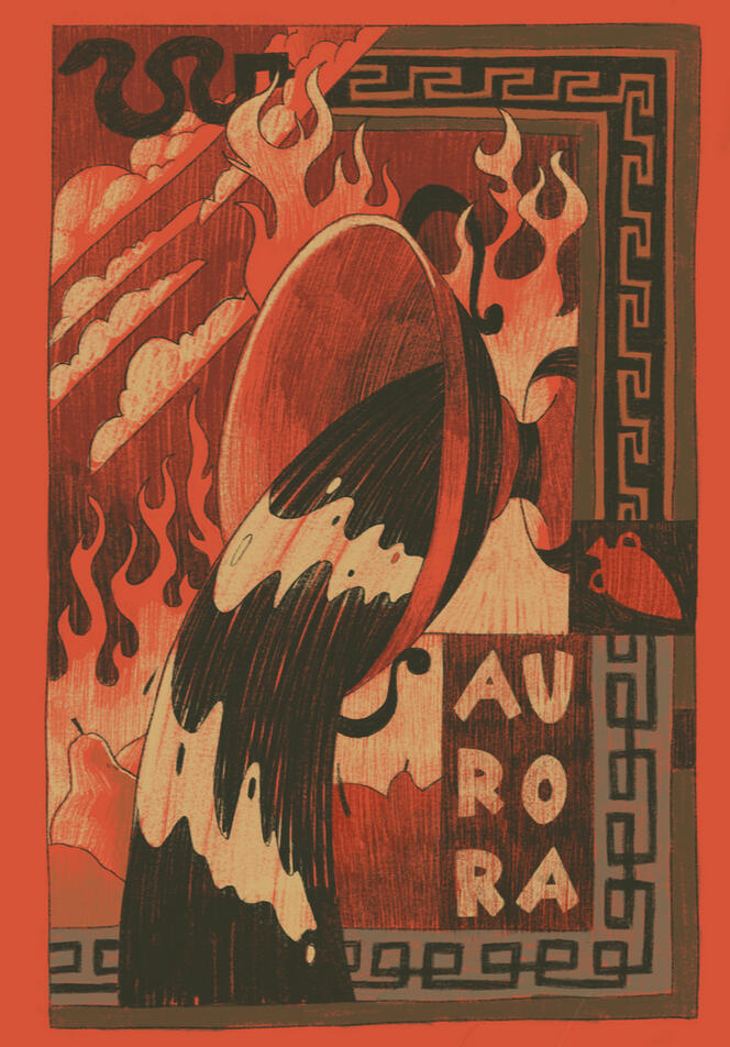 Artwork inspired by the album by AURORA. Depicts a crater (wide vessel for wine in ancient greece), surrounded by flame, two different greek patterns illuminate the right and bottom borders. There are clouds passing in the background and AURORA is separate