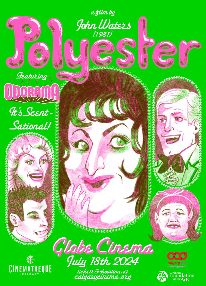 a bright green movie poster with pink bubbly letters saying "polyester" and white text saying "featuring odorama: it's scent-sational!" There are pill-shaped frames depicting characters from the film.