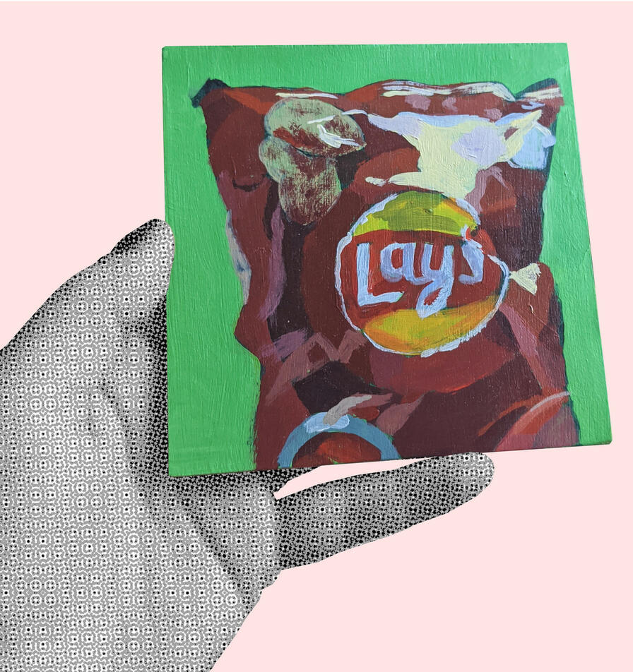 A small painting is held by a bitmapped hand in b&w. The painting is an acrylic one on wood of a bag of Lays ketchup chips on a green background.