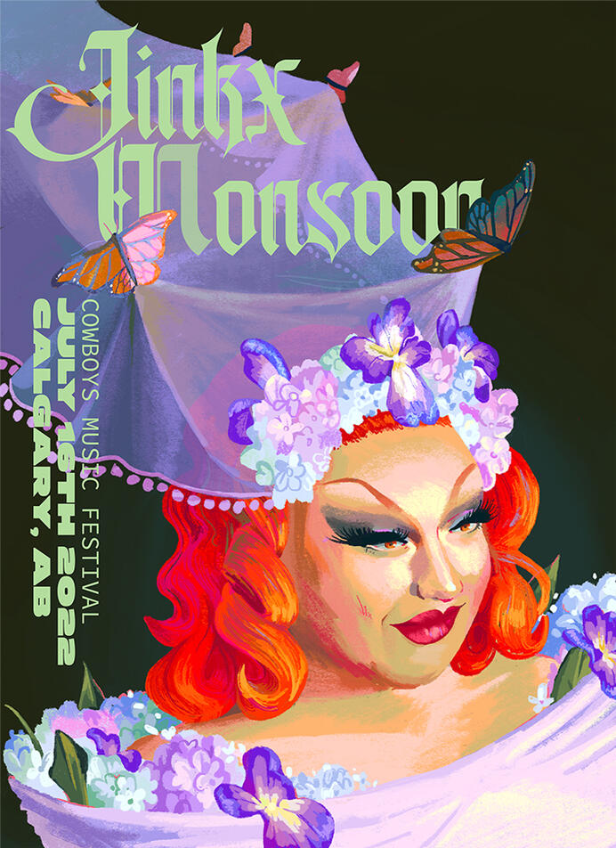 An illustration of Jinkx Monsoon in her Veiled It runway from All Stars 7 - she looks off to the right and she is seen from shoulders up. The text "Jinkx Monsoon" lines the top of the image with details of the event (past) are vertical on the left side.