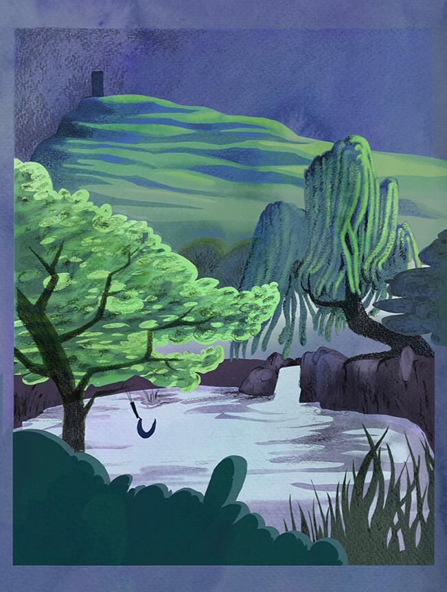 A landscape is depicted - the Tor is in the background, with a deciduous tree and a willow gently shaking in the breeze encircle a lake. A creek flows into the lake, and there is a sickle swinging from one of the trees.